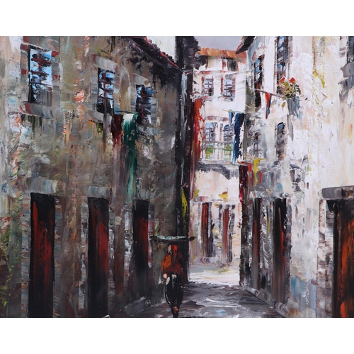 202 - Continental school - Street Scene - indistinctly signed lower right, oil on canvas, framed, 49 by 69... 