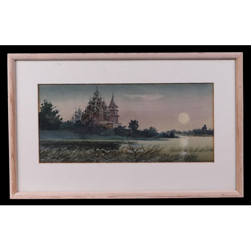 203 - A Bebdukora Khuda(?) (Thai School) - Temple beside a lake, signed lower right corner, watercolour, f... 