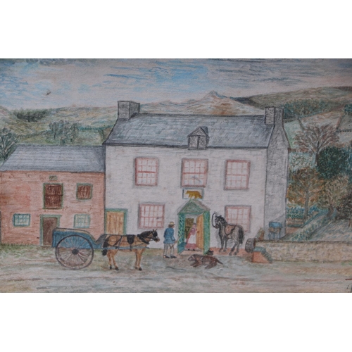 206 - J Morgan (English primitive school) - A Naïve Street Scene with Figures and a Horse & Cart - signed ... 