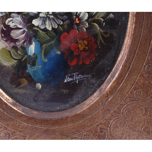 212 - 20th century school - Still Life of Flowers in a Blue Vase - miniature, indistinctly signed lower ri... 