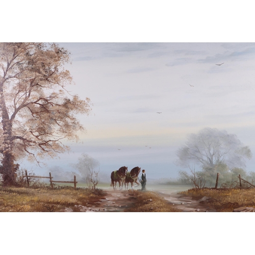 214 - B Oldfield, a pastoral landscape with a ploughing team in the fore ground, oil on canvas, signed low... 