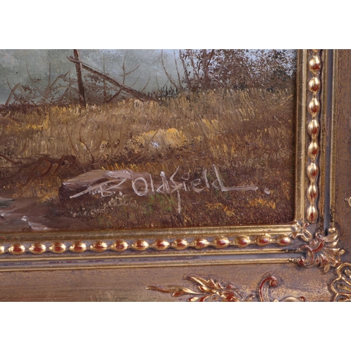 214 - B Oldfield, a pastoral landscape with a ploughing team in the fore ground, oil on canvas, signed low... 