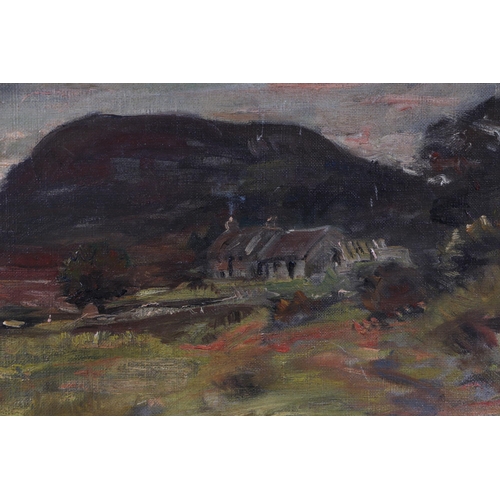 224 - M Walls (?) - landscape scene with central cottage, signed lower right corner, oil on canvas laid on... 