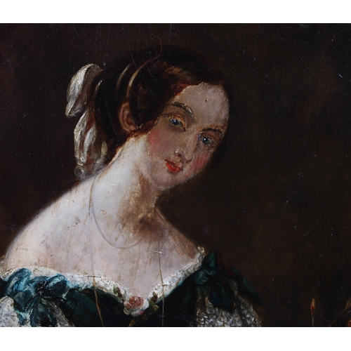 227 - A Victorian school, A bust portrait of a lady at a desk, oil on board, 20 by 25cm, framed.