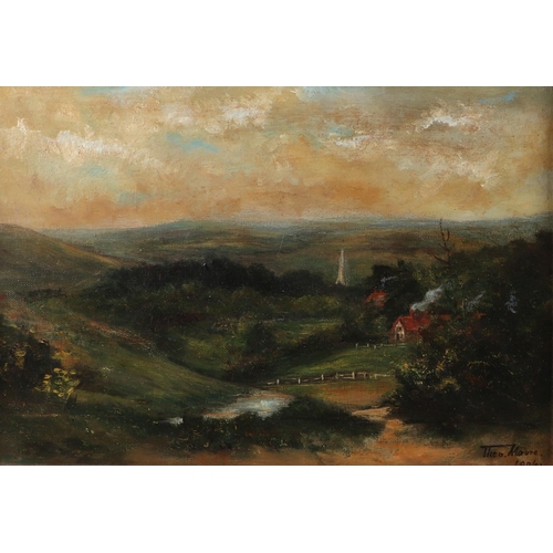 235 - Theo Moore ( B 1879)- A Wiltshire landscape with farm buildings in the foreground, oil on canvas, si... 