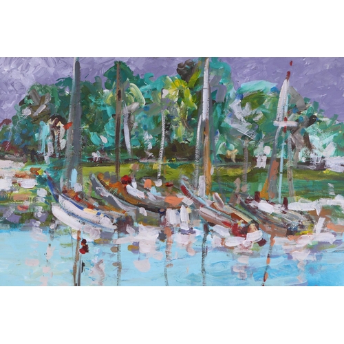 252 - Modern British- Boats Lymington, The New Forest- oil on board, label verso. 69 by 54cm. Framed.