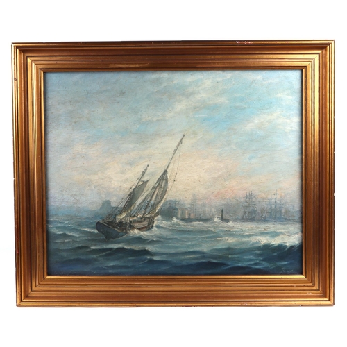 255 - In the manner of Thomas Robert Way (1852-1913) - Ships in Rough Seas - oil on canvas, initialled 'RW... 