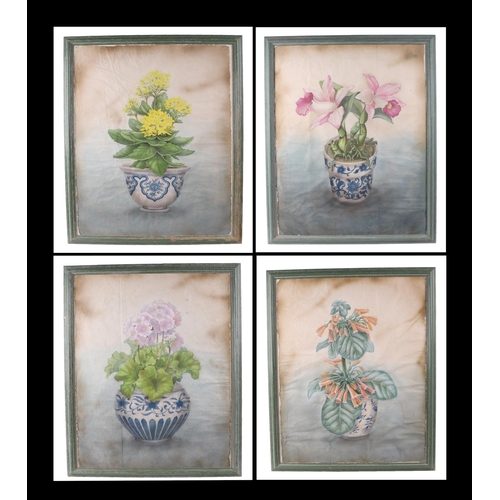 269 - Chinese school - a set of four still life paintings depicting flowers in blue & white bowls, each 48... 