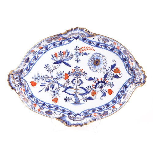 291 - A Meissen Onion pattern shaped tray with gilt decoration, 44cm wide.