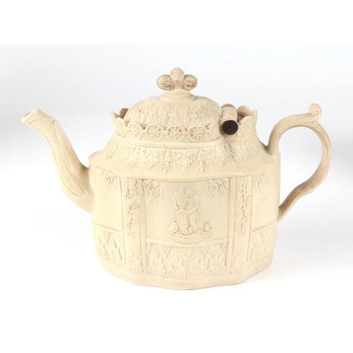 320 - A 19th century Castleford teapot and cover, a teapot decorated with chariots and classical urn and a... 