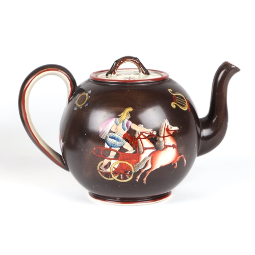 320 - A 19th century Castleford teapot and cover, a teapot decorated with chariots and classical urn and a... 