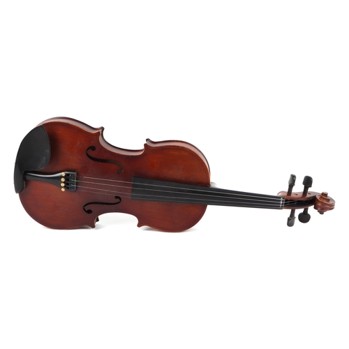 367 - A violin, with 14inch one piece back, cased with bow.