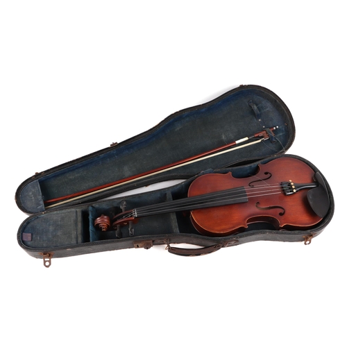 367 - A violin, with 14inch one piece back, cased with bow.