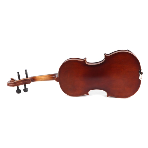 367 - A violin, with 14inch one piece back, cased with bow.