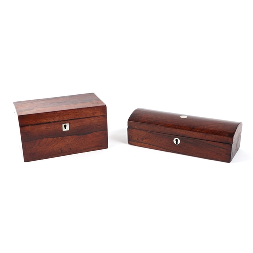 391 - A 19th rosewood tea caddy, 19cm wide, together with a dome topped rosewood glove box / pen box, with... 