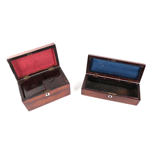 391 - A 19th rosewood tea caddy, 19cm wide, together with a dome topped rosewood glove box / pen box, with... 