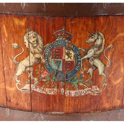 397 - A 19th century copper bound oak peat or fire bucket, with Royal Coat of Arms and original leather bo... 