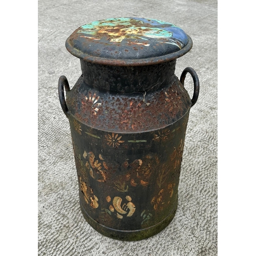 40 - A steel milk churn with painted decoration, 63cm high.