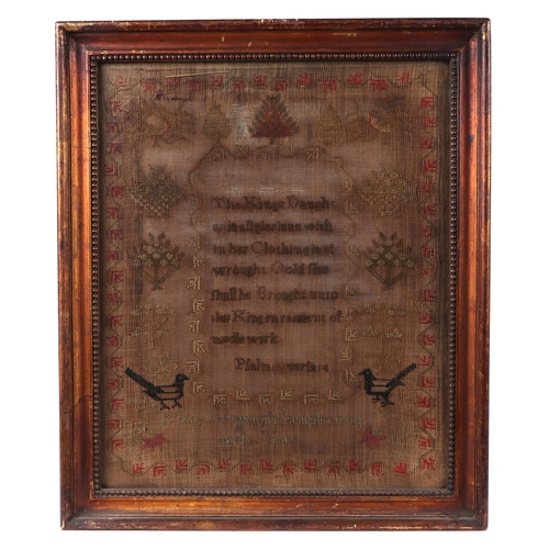 405 - A late 18th / early 19th century sampler, with psalm verse fourteen, within a meandering border inco... 