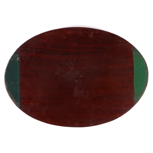 408 - An Edwardian oval inlaid mahogany card tray, with central shell motif, 30cm wide.