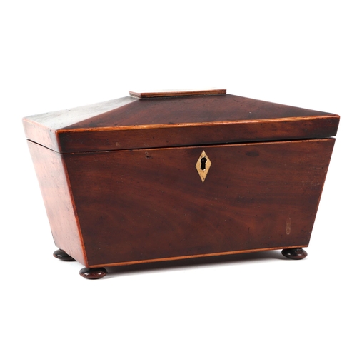 415 - A Regency mahogany sarcophagus shaped tea caddy, on bun feet, 28cm wide.