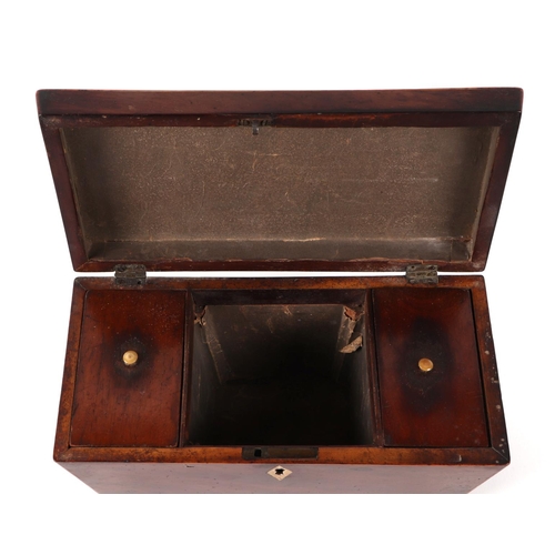 415 - A Regency mahogany sarcophagus shaped tea caddy, on bun feet, 28cm wide.