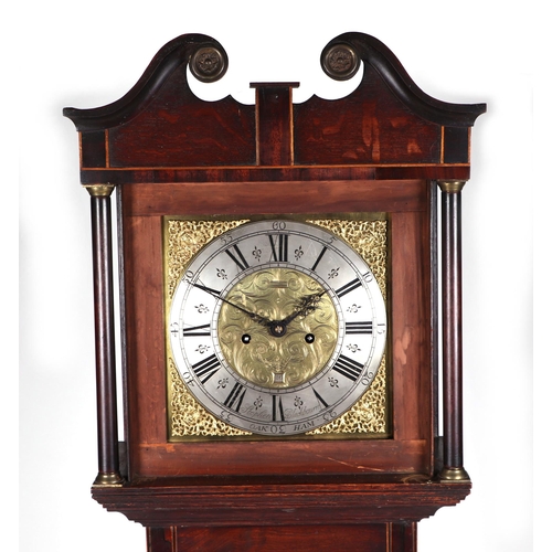 465 - A longcase clock, with a 30cm square brass dial, silvered chapter ring, and Roman numerals, signed 