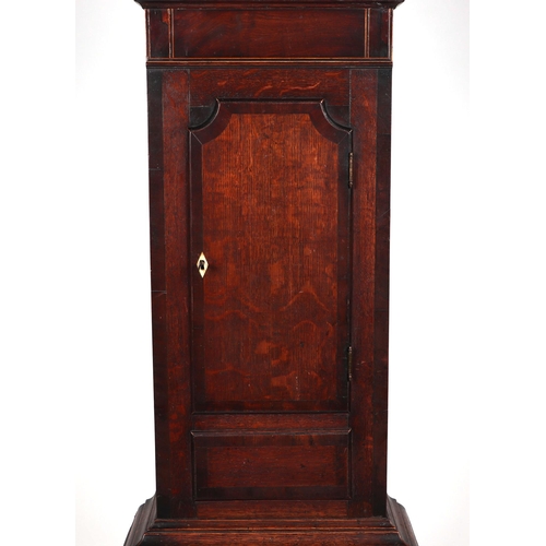 465 - A longcase clock, with a 30cm square brass dial, silvered chapter ring, and Roman numerals, signed 