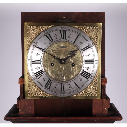 465 - A longcase clock, with a 30cm square brass dial, silvered chapter ring, and Roman numerals, signed 