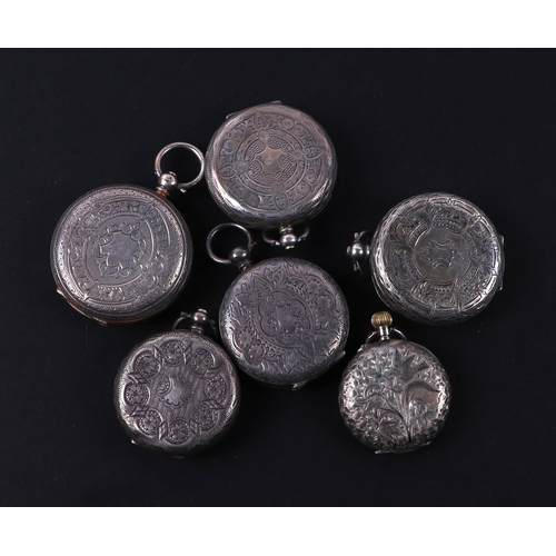 471 - A group of silver cased opened faced fob watches (6).