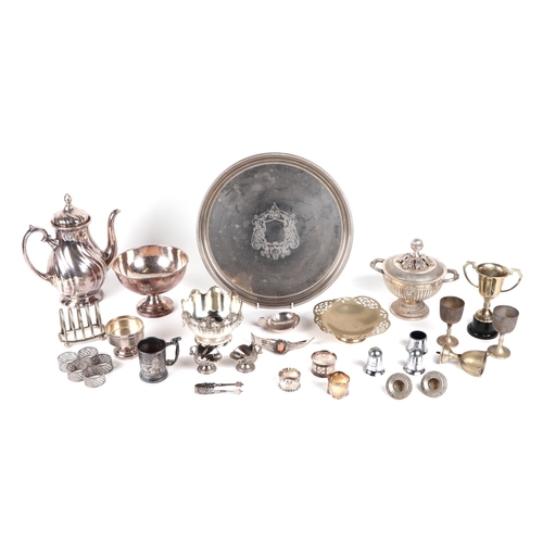 474 - A group of silver plated item, to included a tray, teapot, trophy cups, toast rack and other similar... 