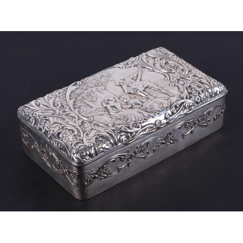 487 - An Edwardian silver dressing table box, decorated in relief with romantic figural scene, Birmingham ... 