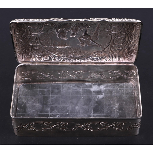 487 - An Edwardian silver dressing table box, decorated in relief with romantic figural scene, Birmingham ... 