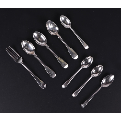 496 - Assorted silver teaspoons and flatware, various dates and makers, 163g, and silver plated cutlery, i... 