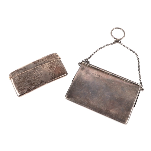 501 - An Edwardian silver visiting card case with safety chain, Birmingham 1909, together with a small Edw... 