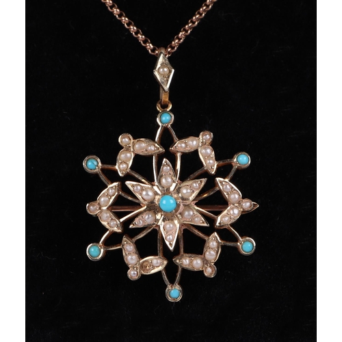 540 - A 19th century 9ct gold turquoise and seed pearl star pendant brooch, on a 9ct rose gold chain, 9.4g... 