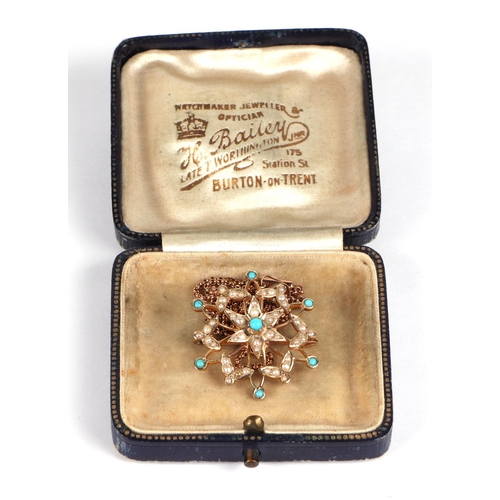 540 - A 19th century 9ct gold turquoise and seed pearl star pendant brooch, on a 9ct rose gold chain, 9.4g... 