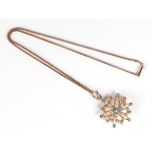 540 - A 19th century 9ct gold turquoise and seed pearl star pendant brooch, on a 9ct rose gold chain, 9.4g... 