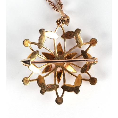 540 - A 19th century 9ct gold turquoise and seed pearl star pendant brooch, on a 9ct rose gold chain, 9.4g... 