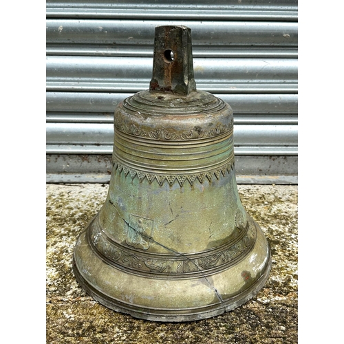 57 - A large French bronze bell, having scroll decoration and title BOLLEE FONDEUR AU MANS, 32cm diameter... 