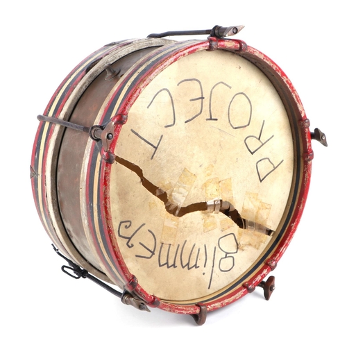 77 - A vintage marching drum, with painted decoration, 37cm.