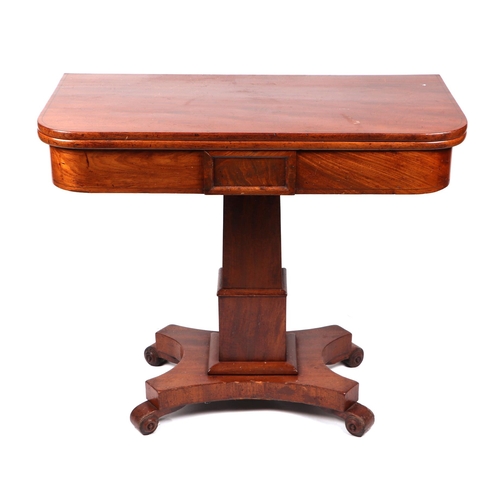 820 - A 19th century mahogany tea table with rounded rectangular fold-over top, on a square stepped column... 