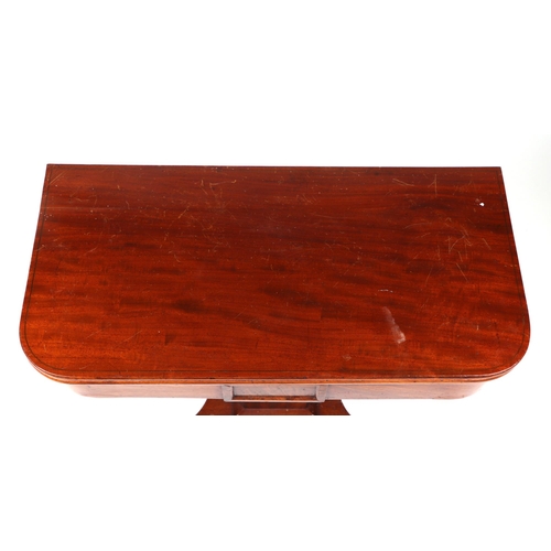 820 - A 19th century mahogany tea table with rounded rectangular fold-over top, on a square stepped column... 