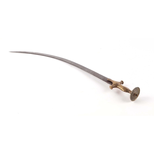 86 - An Indian tulwar sword, with curved steel blade and brass handle, 82cm long.