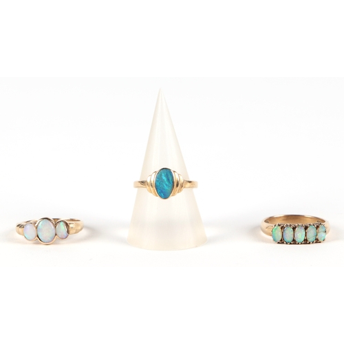 514 - A 14ct gold opal dress ring, approx UK size M, 1.8g, a 9ct five stone opal ring, approx UK size P, 3... 