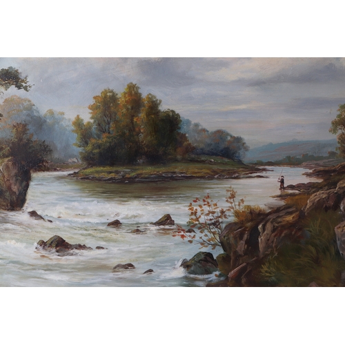 239 - A Maxwell (Victorian School)- A highland river landscape with fishermen in the middle distance, oil ... 