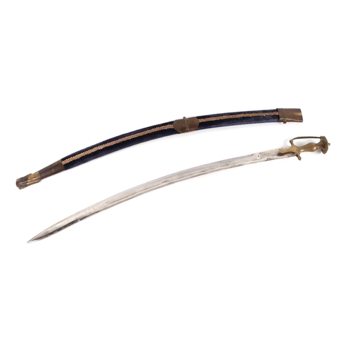 125 - An Indian shamshir type modern sword, with engraved steel blade, brass hilt and velvet covered scabb... 
