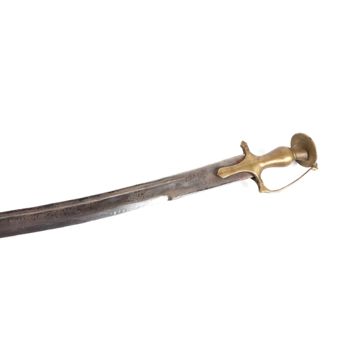 125 - An Indian shamshir type modern sword, with engraved steel blade, brass hilt and velvet covered scabb... 