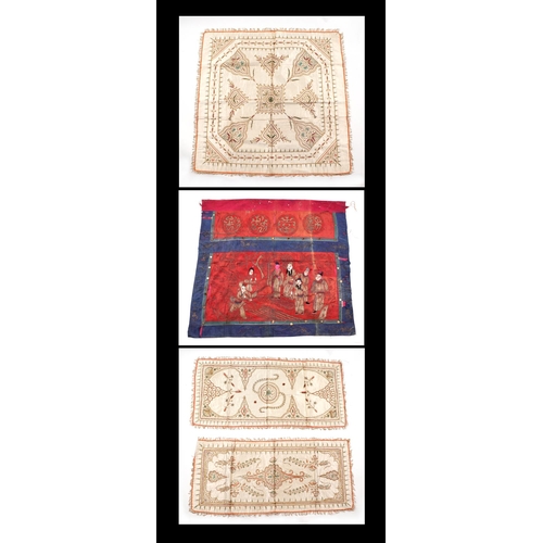 127 - Three Arabic silk and bullion wire embroidered panels, largest 78 by 78cm, together with a Chinese s... 