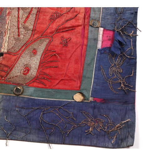 127 - Three Arabic silk and bullion wire embroidered panels, largest 78 by 78cm, together with a Chinese s... 